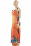 Red Sexy Casual Print Tie Dye Backless Spaghetti Strap Long Dress