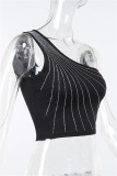 Black Fashion Casual Hot Drilling Backless One Shoulder Tops