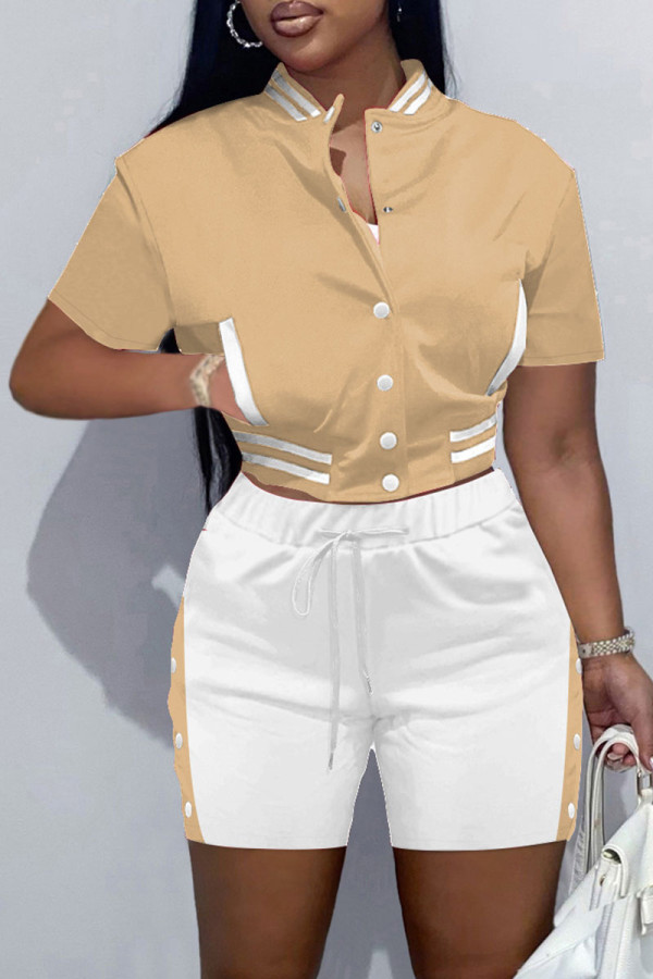 Khaki Casual Patchwork Pocket Cardigan Collar Short Sleeve Two Pieces