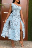 Light Blue Fashion Casual Print Backless Slit One Shoulder Sleeveless Dress