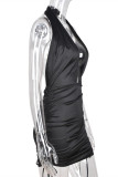Black Fashion Sexy Solid Patchwork Backless Fold Halter Sleeveless Dress