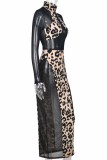 Black Fashion Sexy Print Leopard Patchwork See-through Turtleneck Long Sleeve Dresses