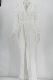 White Elegant Solid Patchwork See-through V Neck Straight Jumpsuits