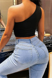 Black Fashion Casual Hot Drilling Backless One Shoulder Tops