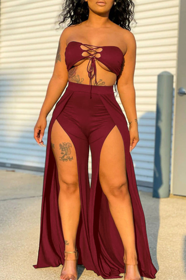 Burgundy Sexy Casual Solid Bandage Hollowed Out Asymmetrical Strapless Sleeveless Two Pieces