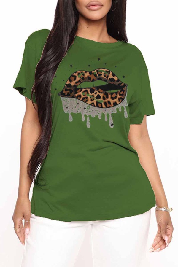 Army Green Fashion Casual Lips Printed Basic O Neck T-Shirts