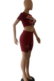 Deep Red Sexy Street Print Hollowed Out Patchwork O Neck Short Sleeve Two Pieces