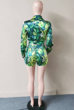 Green Fashion Print Patchwork Turndown Collar Long Sleeve Two Pieces