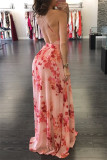 Pink Fashion Casual Print Backless V Neck Sling Dress
