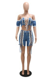 Blue Sexy Solid Bandage Patchwork Backless Off the Shoulder Short Sleeve Two Pieces