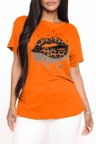 Red Fashion Casual Lips Printed Basic O Neck T-Shirts