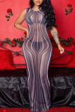 Black Sexy Print Patchwork See-through O Neck One Step Skirt Dresses