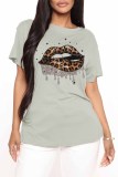 Red Fashion Casual Lips Printed Basic O Neck T-Shirts