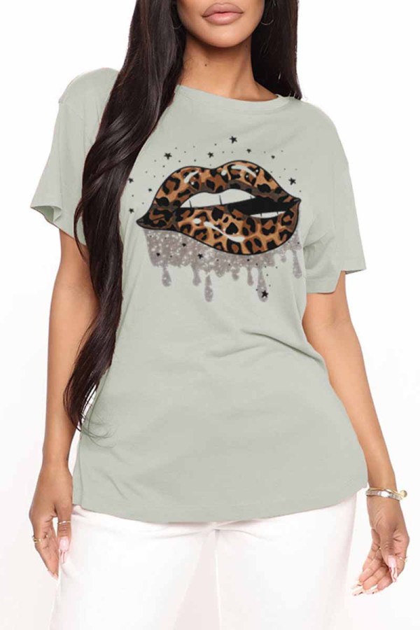 Grey Fashion Casual Lips Printed Basic O Neck T-Shirts