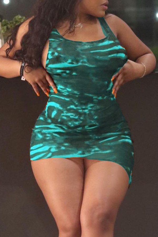 Cyan Sexy Print Patchwork Asymmetrical U Neck Dresses