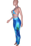 Blue Sexy Print Bandage Hollowed Out Patchwork Backless Asymmetrical Halter Regular Jumpsuits