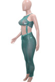 Green Sexy Print Patchwork Draw String Fold O Neck Sleeveless Two Pieces