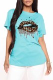 Red Fashion Casual Lips Printed Basic O Neck T-Shirts
