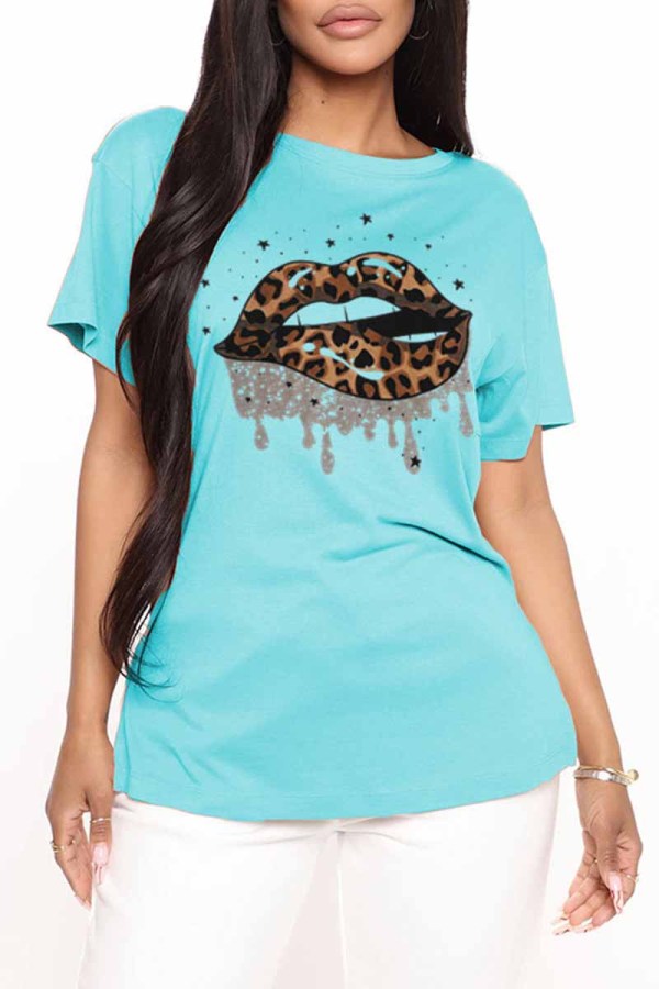 Light Blue Fashion Casual Lips Printed Basic O Neck T-Shirts