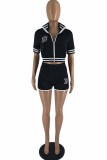 Red Fashion Casual Letter Embroidery Patchwork Zipper Collar Short Sleeve Two Pieces