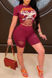 Deep Red Sexy Street Print Hollowed Out Patchwork O Neck Short Sleeve Two Pieces