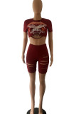 Deep Red Sexy Street Print Hollowed Out Patchwork O Neck Short Sleeve Two Pieces