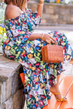 Blue Casual Print Patchwork Off the Shoulder Half Sleeve Two Pieces