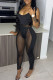 Black Sexy Solid Patchwork See-through Spaghetti Strap Sleeveless Two Pieces