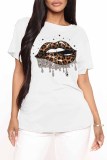 Red Fashion Casual Lips Printed Basic O Neck T-Shirts