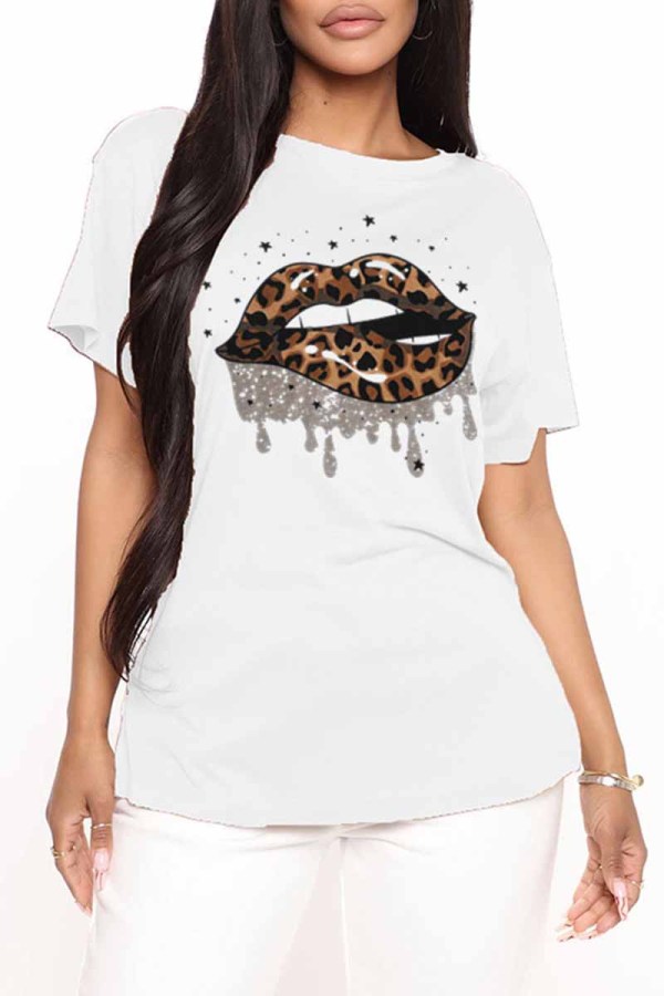 White Fashion Casual Lips Printed Basic O Neck T-Shirts