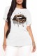 White Fashion Casual Lips Printed Basic O Neck T-Shirts