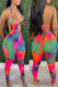 Rose Red Sexy Print Bandage Hollowed Out Patchwork Backless Asymmetrical Halter Regular Jumpsuits