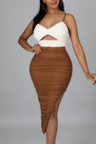 Brown Sexy Solid Hollowed Out Split Joint Slit Fold Spaghetti Strap Sling Dress Dresses