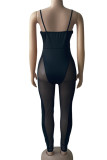 Black Sexy Solid Patchwork See-through Spaghetti Strap Regular Jumpsuits