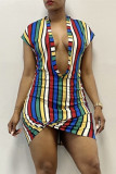 Blue Fashion Casual Striped Print Basic V Neck Short Sleeve Dress