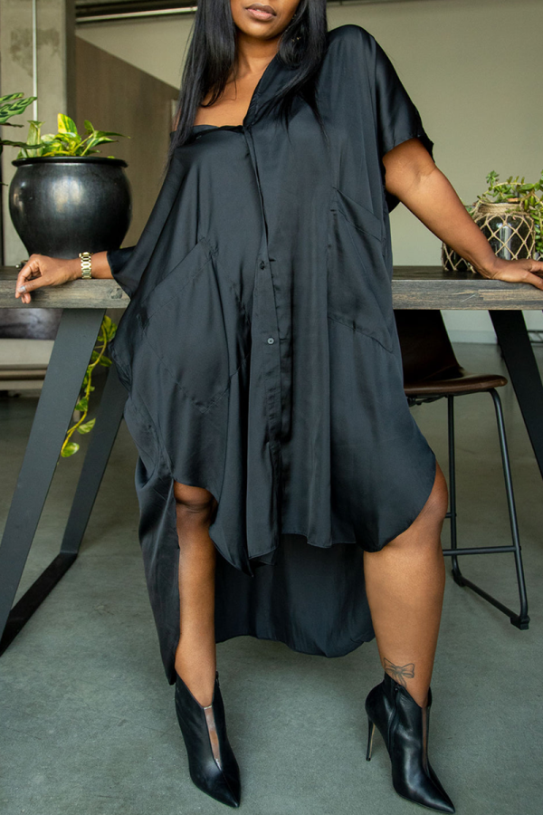 Black Fashion Casual Solid Asymmetrical Turndown Collar Shirt Dress