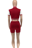 Red Casual Solid Split Joint Short Sleeve Two Pieces