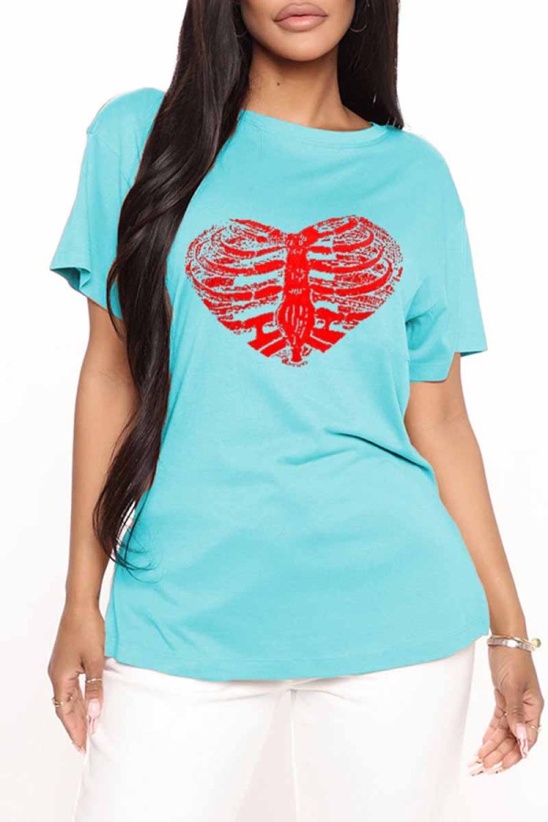 Light Blue Fashion Casual Print Basic O Neck T-Shirts