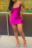 Rose Red Fashion Sexy Solid Backless Spaghetti Strap Sleeveless Dress