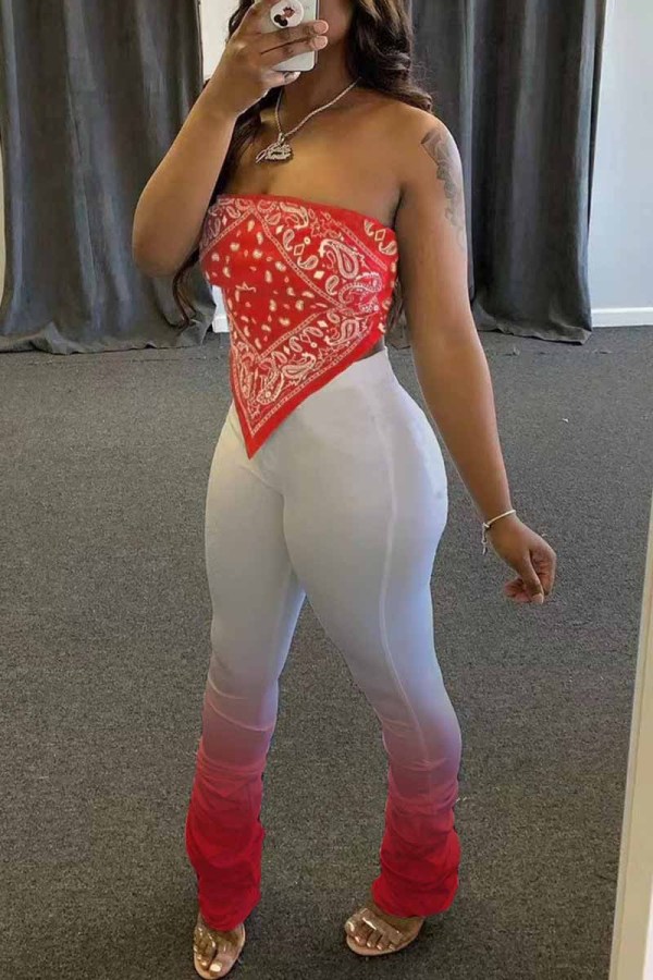 Red Fashion Sexy Print Backless Strapless Sleeveless Two Pieces