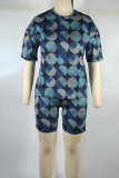 Blue Casual Street Print Split Joint O Neck Short Sleeve Two Pieces