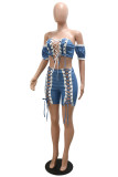 Blue Sexy Solid Bandage Patchwork Backless Off the Shoulder Short Sleeve Two Pieces