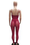 Burgundy Sexy Solid Split Joint See-through Spaghetti Strap Sleeveless Two Pieces