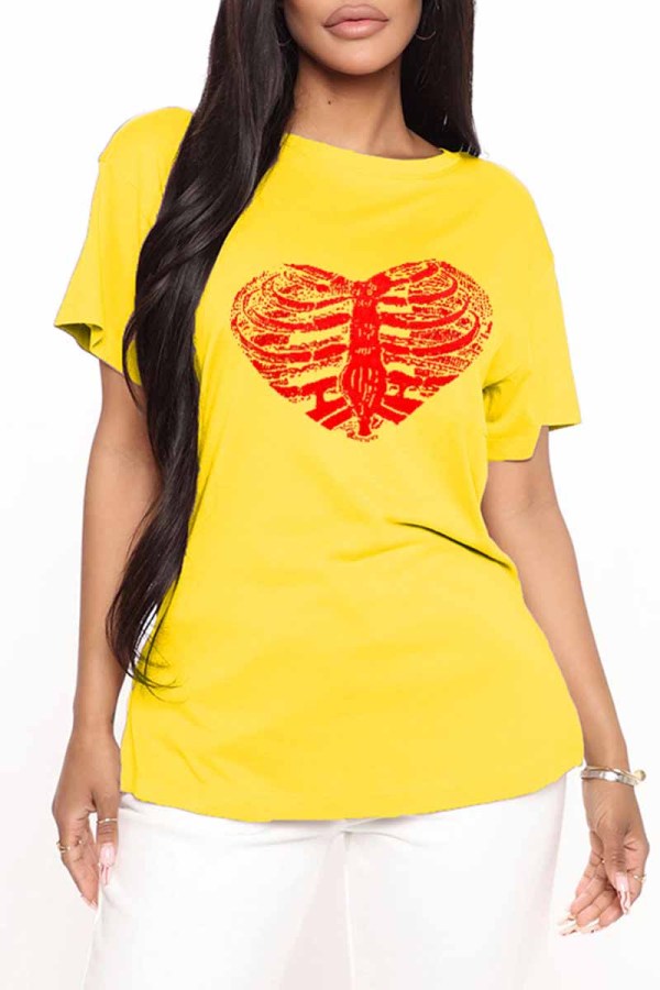 Yellow Fashion Casual Print Basic O Neck T-Shirts