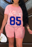 Pink Fashion Casual Print Basic O Neck Short Sleeve Two Pieces