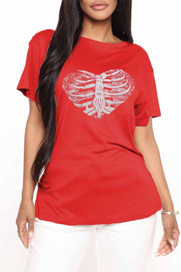 Red Fashion Casual Print Basic O Neck T-Shirts