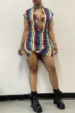 Blue Fashion Casual Striped Print Basic V Neck Short Sleeve Dress