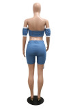 Blue Sexy Solid Bandage Patchwork Backless Off the Shoulder Short Sleeve Two Pieces