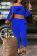 Blue Fashion Sexy Print Letter Off the Shoulder Long Sleeve Two Pieces