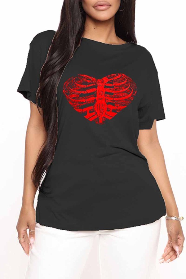 Black Fashion Casual Print Basic O Neck T-Shirts